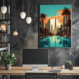 The poster features a stylized cityscape with a focus on a futuristic environment, Travel Poster PosterGoat