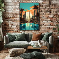 The poster features a stylized cityscape with a focus on a futuristic environment, Travel Poster PosterGoat