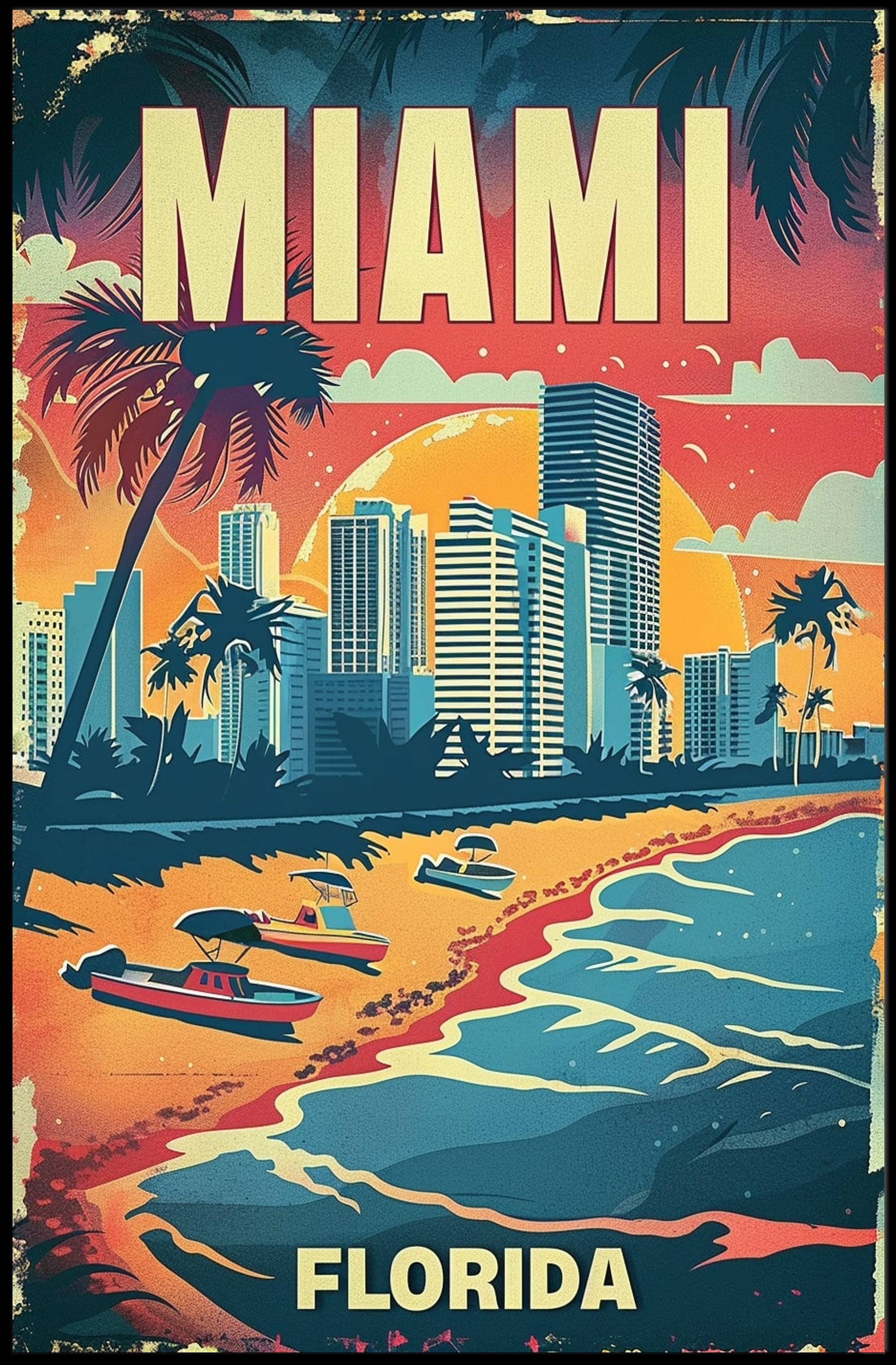 The poster features a vibrant, vintage-style illustration of Miami, Florida. The scene depicts Travel Poster PosterGoat