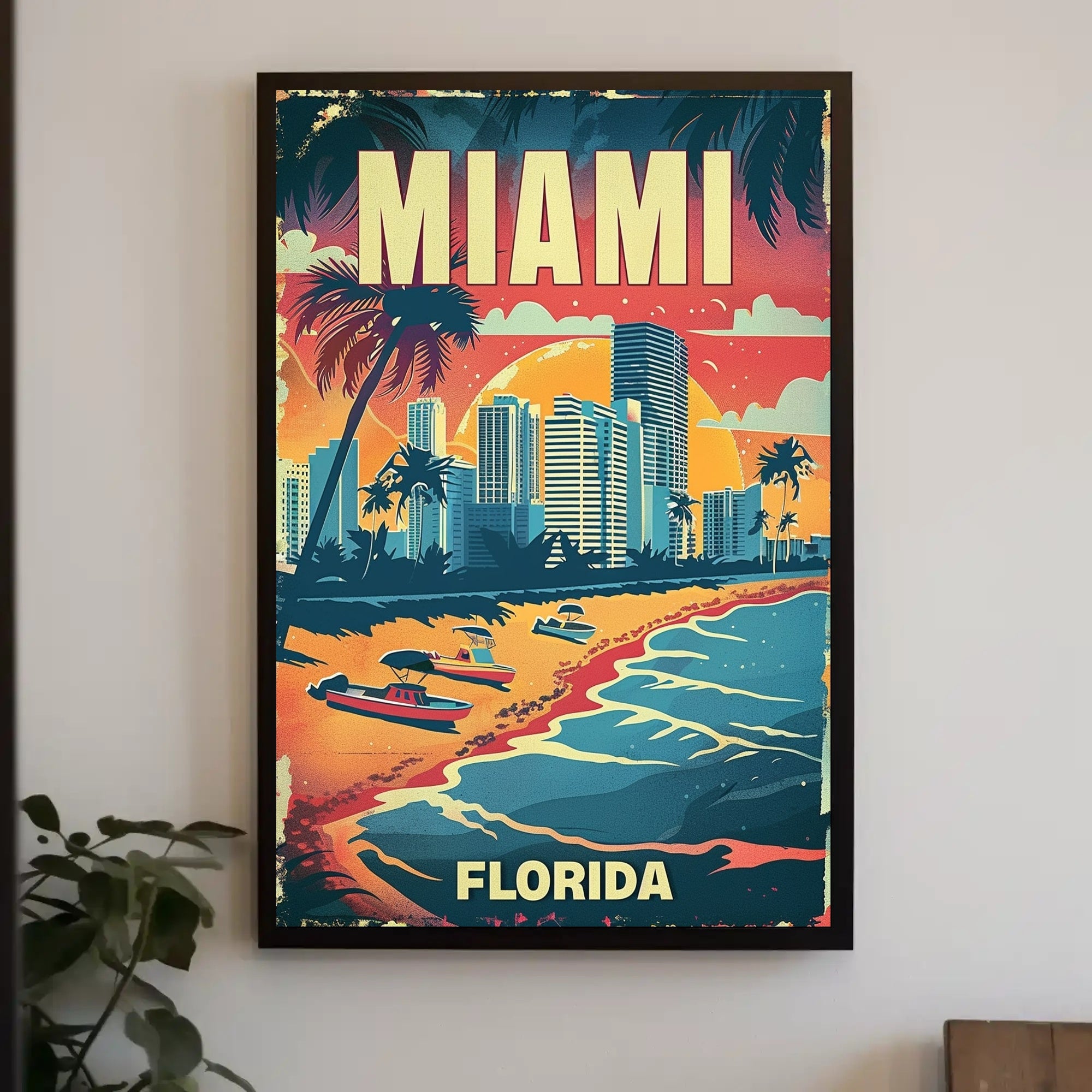 The poster features a vibrant, vintage-style illustration of Miami, Florida. The scene depicts Travel Poster PosterGoat