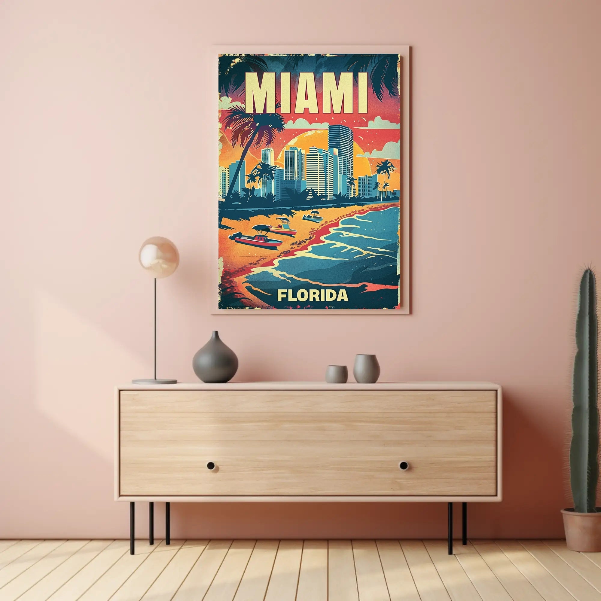 The poster features a vibrant, vintage-style illustration of Miami, Florida. The scene depicts Travel Poster PosterGoat