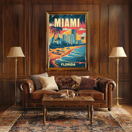 The poster features a vibrant, vintage-style illustration of Miami, Florida. The scene depicts Travel Poster PosterGoat