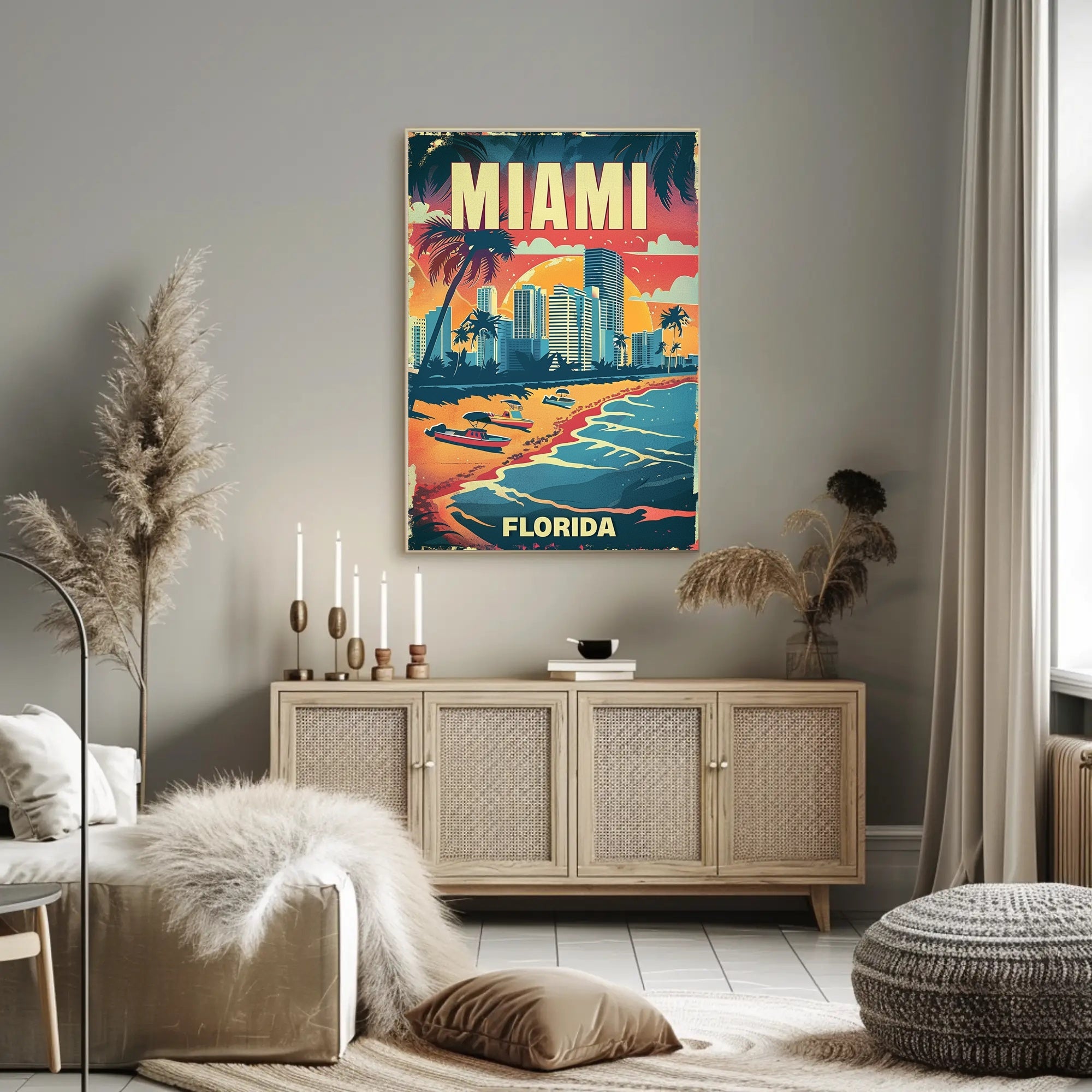 The poster features a vibrant, vintage-style illustration of Miami, Florida. The scene depicts Travel Poster PosterGoat