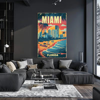 The poster features a vibrant, vintage-style illustration of Miami, Florida. The scene depicts Travel Poster PosterGoat