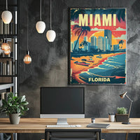 The poster features a vibrant, vintage-style illustration of Miami, Florida. The scene depicts Travel Poster PosterGoat