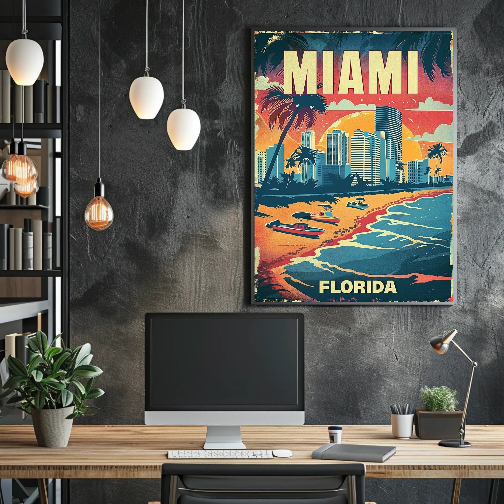 The poster features a vibrant, vintage-style illustration of Miami, Florida. The scene depicts Travel Poster PosterGoat