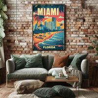 The poster features a vibrant, vintage-style illustration of Miami, Florida. The scene depicts Travel Poster PosterGoat