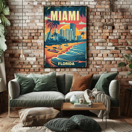 The poster features a vibrant, vintage-style illustration of Miami, Florida. The scene depicts Travel Poster PosterGoat