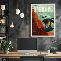 The poster is a stylized representation of a futuristic and space-related theme. Here Travel Poster PosterGoat