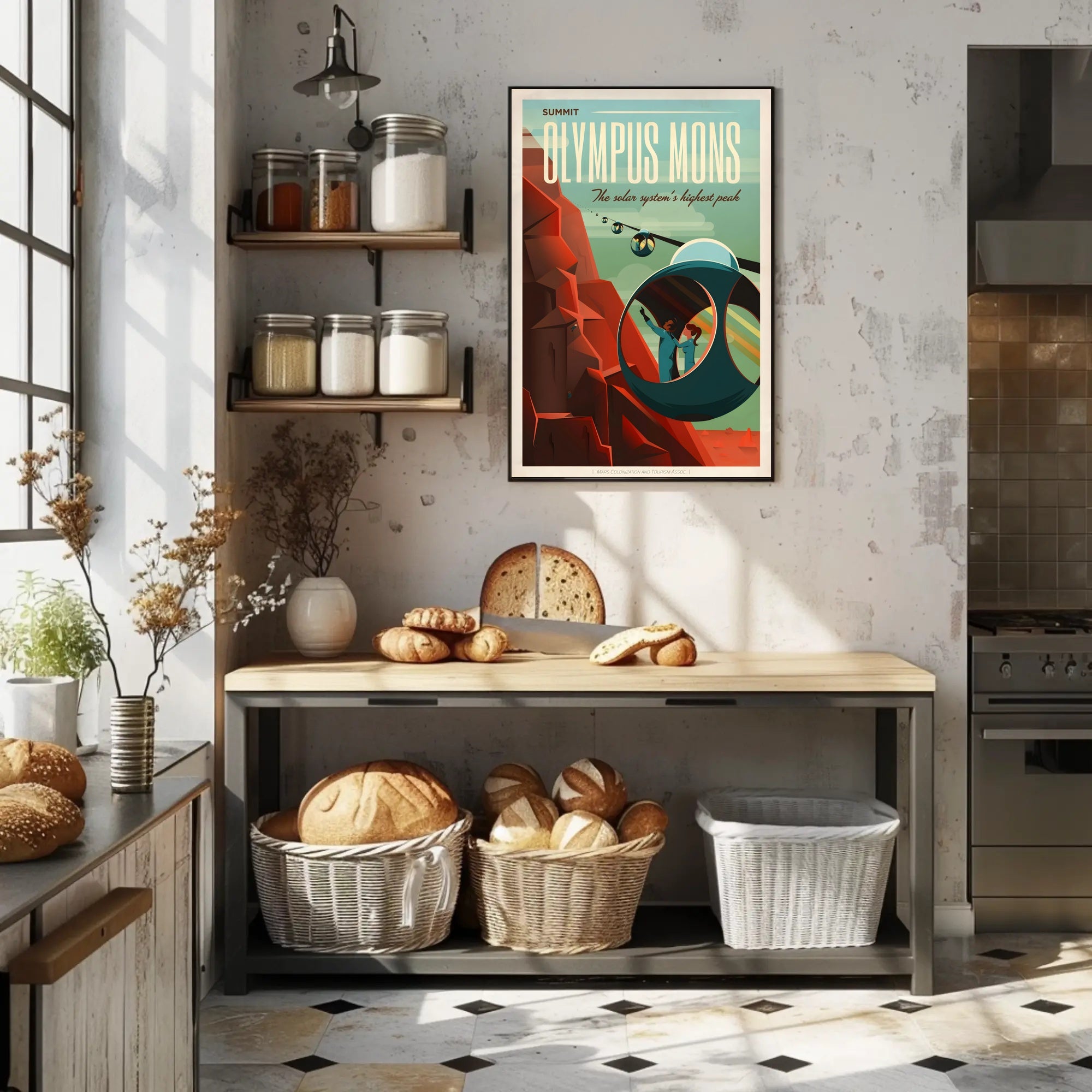 The poster is a stylized representation of a futuristic and space-related theme. Here Travel Poster PosterGoat