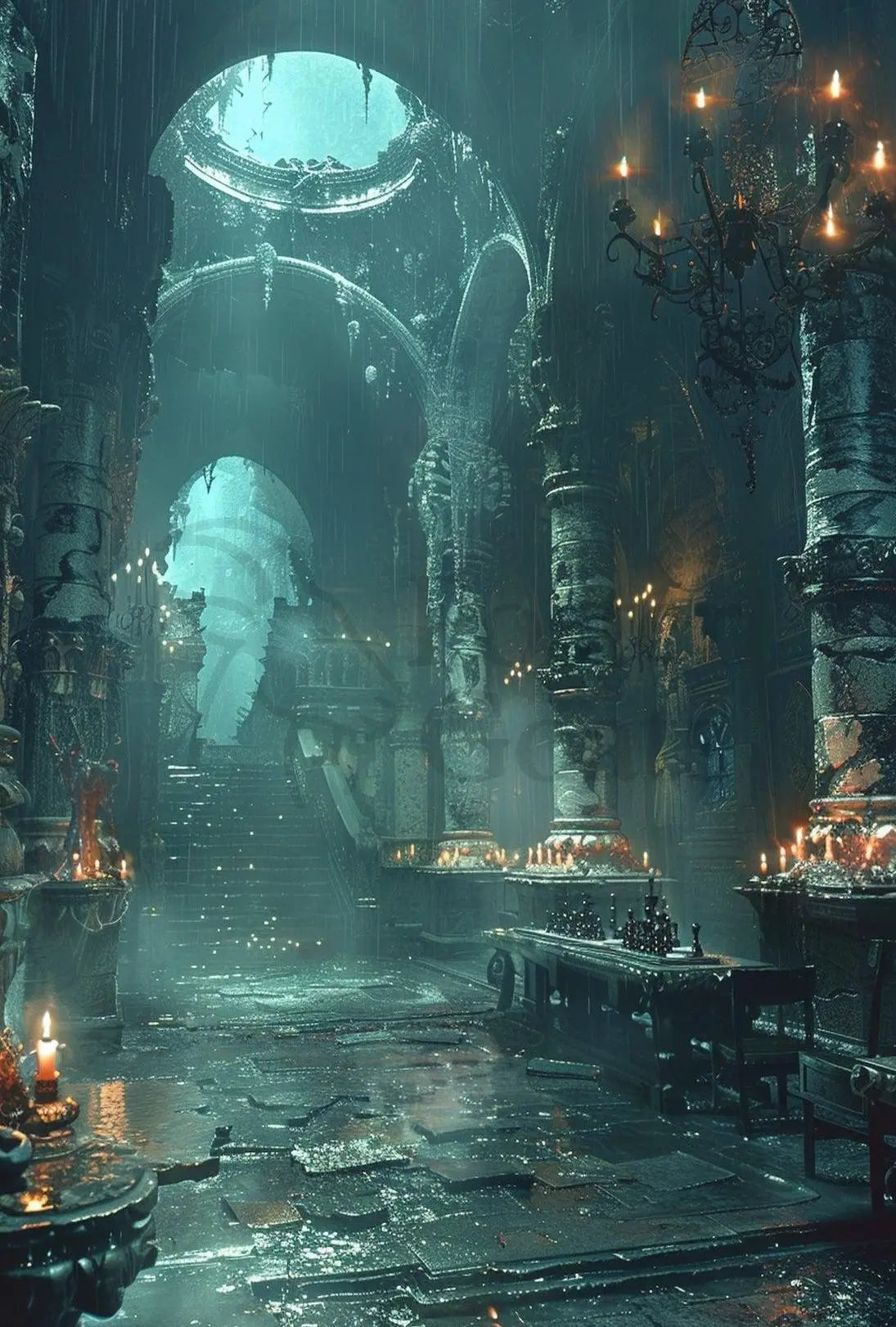 The poster portrays an atmospheric, gothic interior possibly of an abandoned or ancient Travel Poster PosterGoat