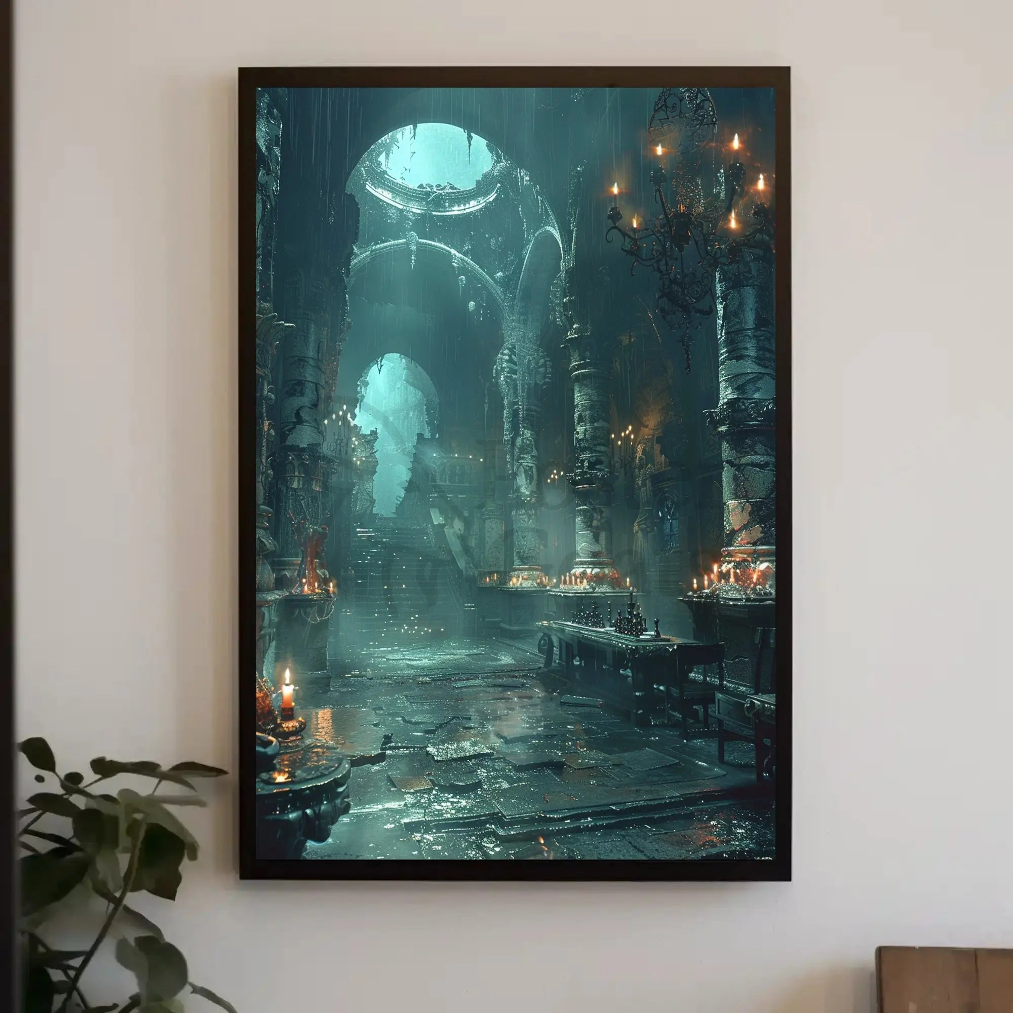 The poster portrays an atmospheric, gothic interior possibly of an abandoned or ancient Travel Poster PosterGoat