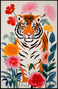 Tiger Pop Art with Colorful Flowers Animal Poster PosterGoat