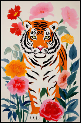 Tiger Pop Art with Colorful Flowers Animal Poster PosterGoat