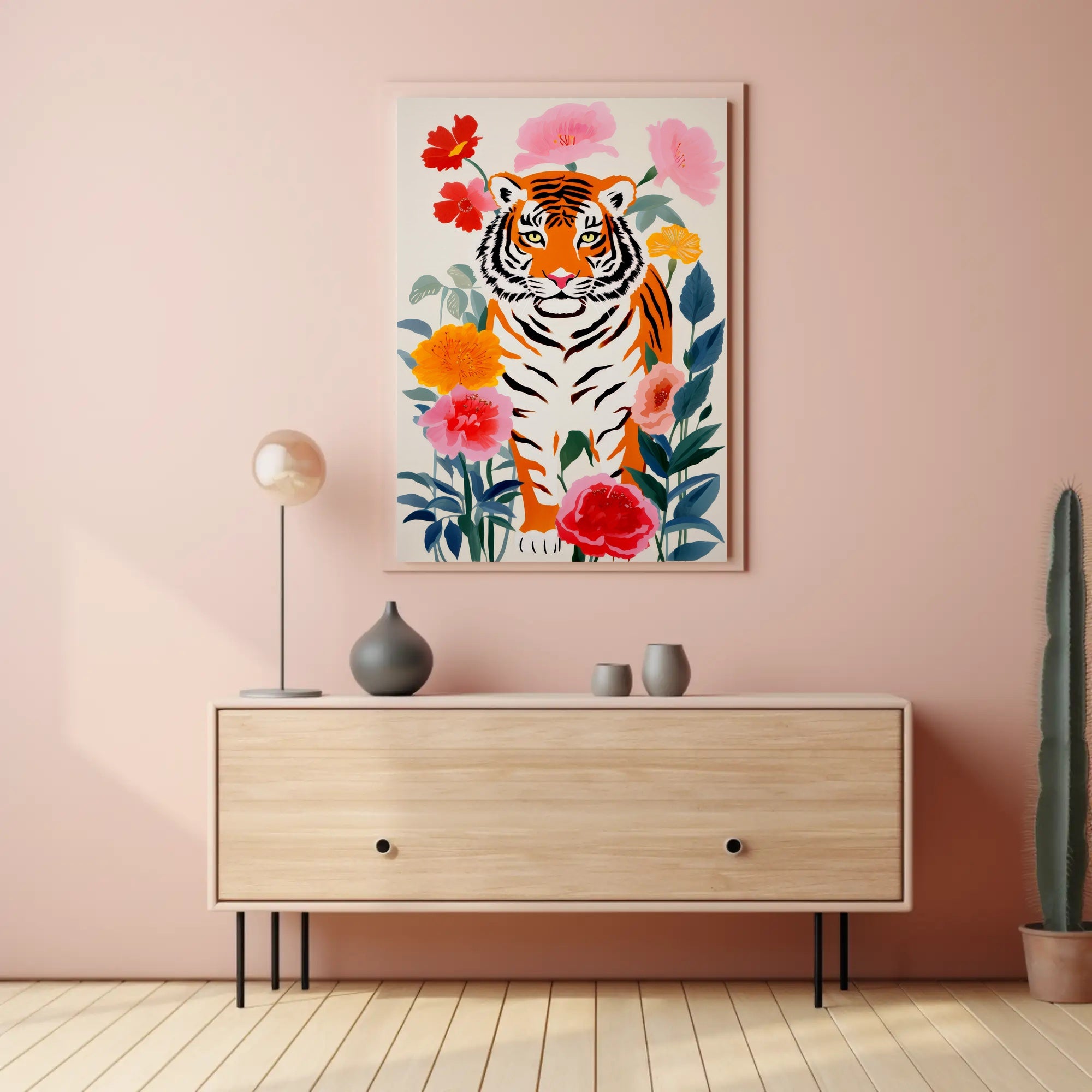Tiger Pop Art with Colorful Flowers Animal Poster PosterGoat