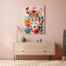 Tiger Pop Art with Colorful Flowers Animal Poster PosterGoat