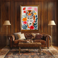 Tiger Pop Art with Colorful Flowers Animal Poster PosterGoat