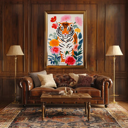 Tiger Pop Art with Colorful Flowers Animal Poster PosterGoat