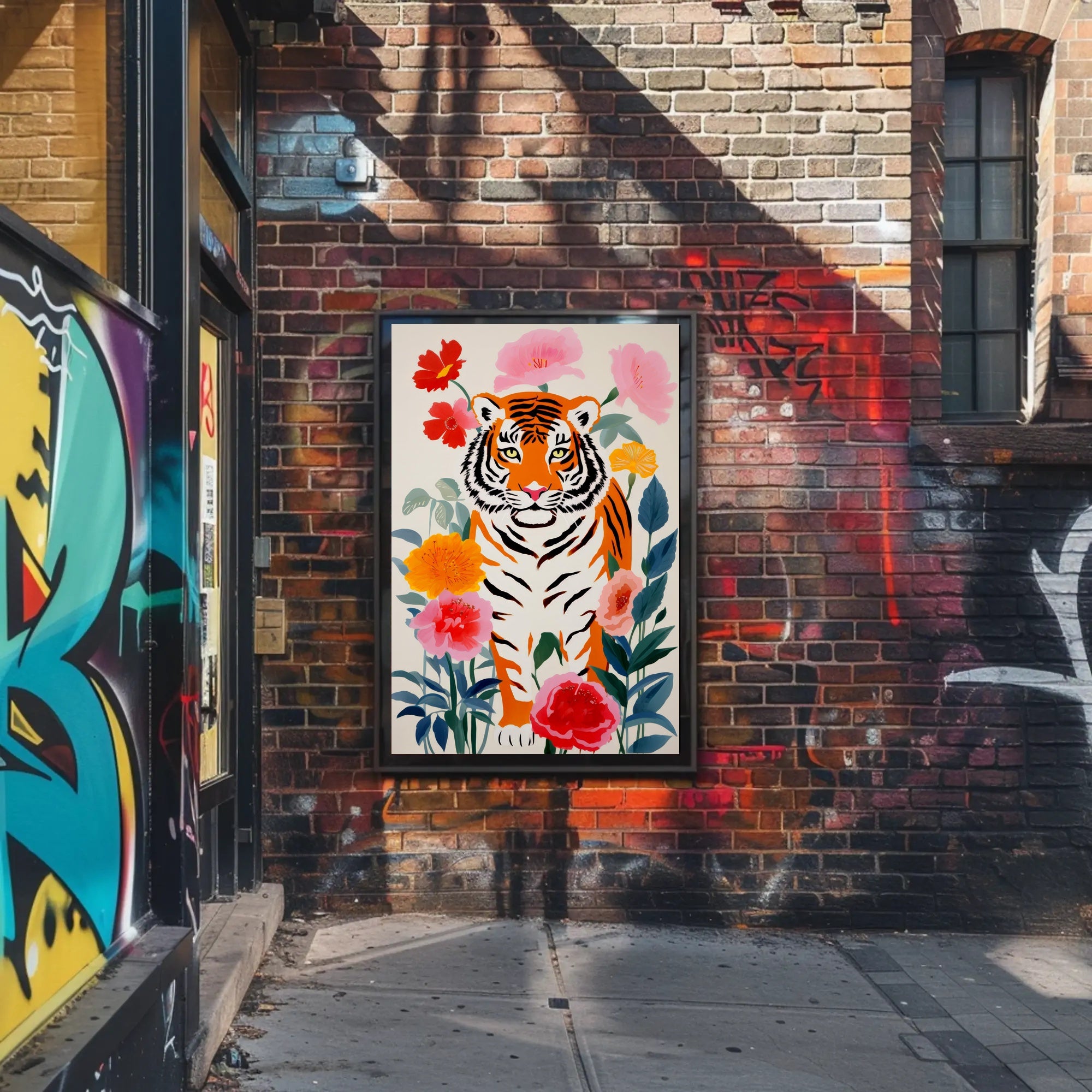 Tiger Pop Art with Colorful Flowers Animal Poster PosterGoat