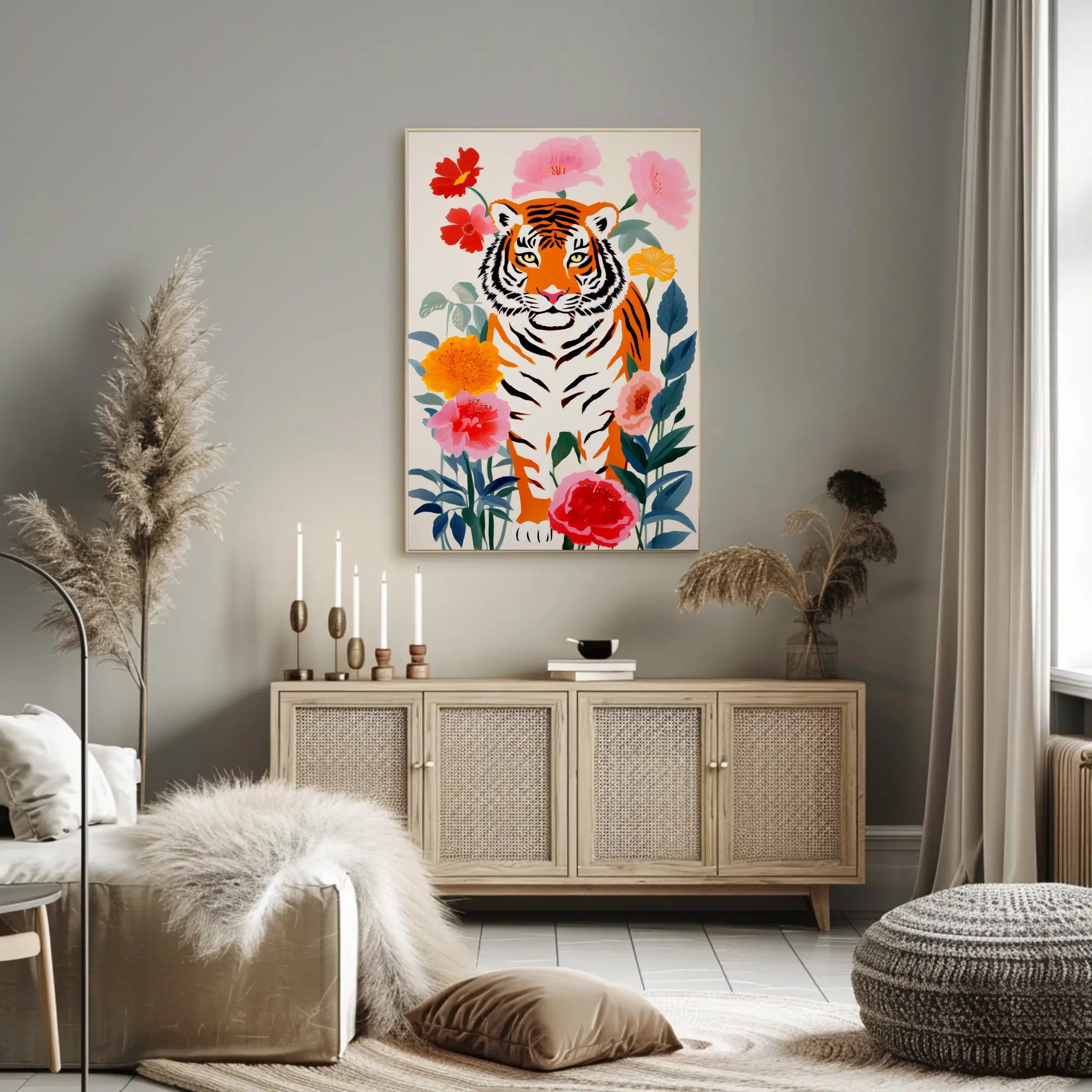 Tiger Pop Art with Colorful Flowers Animal Poster PosterGoat