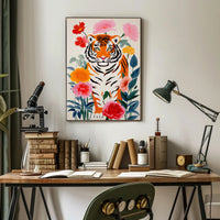 Tiger Pop Art with Colorful Flowers Animal Poster PosterGoat