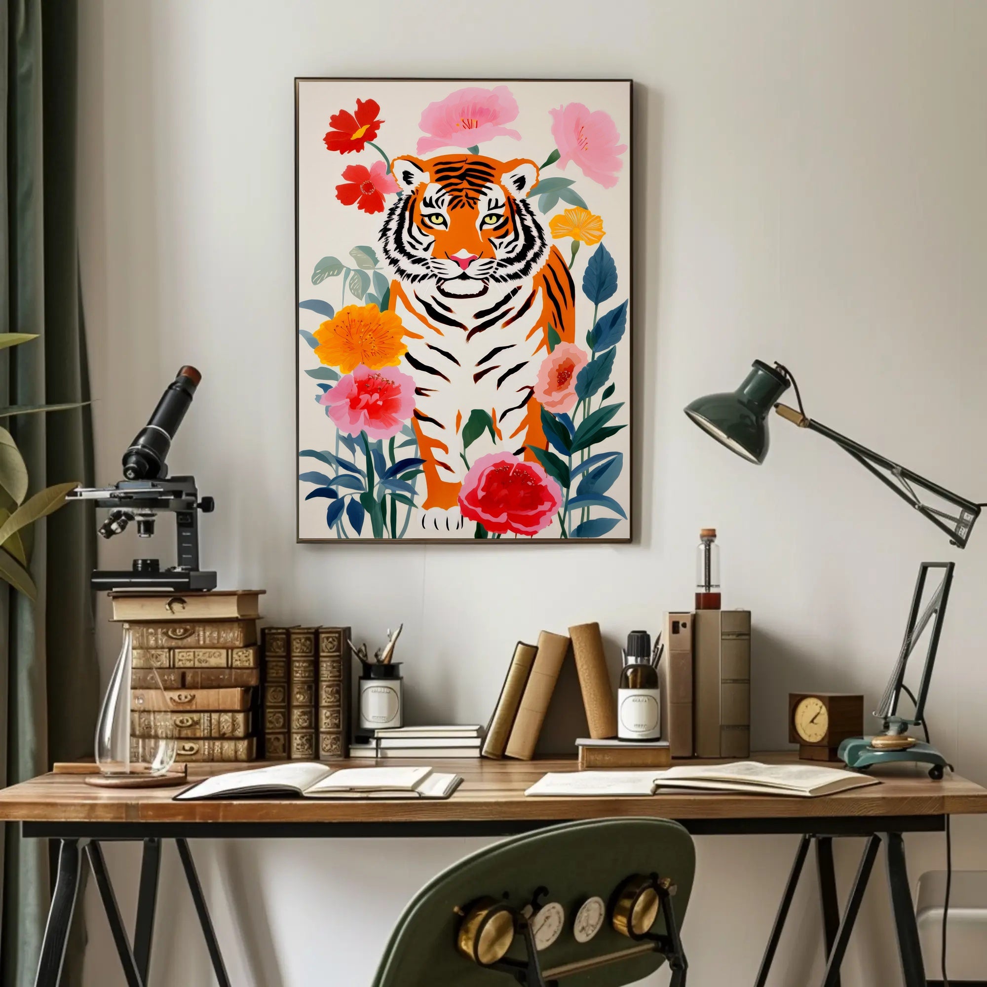 Tiger Pop Art with Colorful Flowers Animal Poster PosterGoat