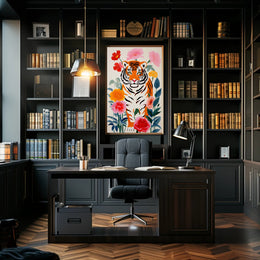 Tiger Pop Art with Colorful Flowers Animal Poster PosterGoat