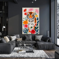 Tiger Pop Art with Colorful Flowers Animal Poster PosterGoat