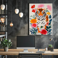 Tiger Pop Art with Colorful Flowers Animal Poster PosterGoat