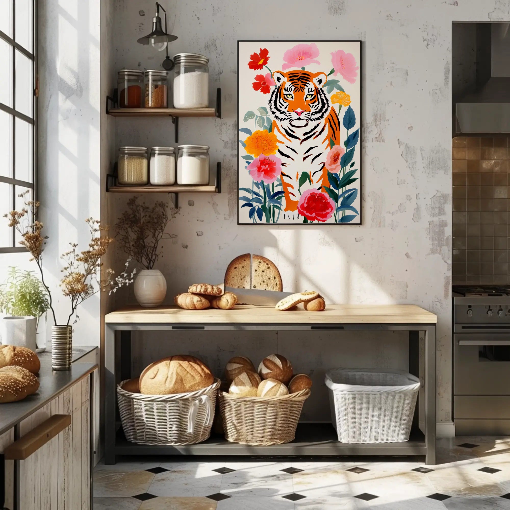 Tiger Pop Art with Colorful Flowers Animal Poster PosterGoat