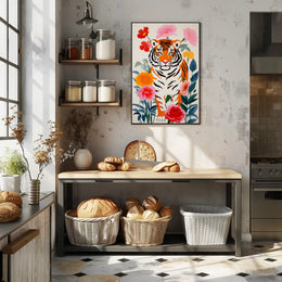 Tiger Pop Art with Colorful Flowers Animal Poster PosterGoat