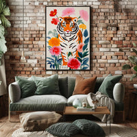 Tiger Pop Art with Colorful Flowers Animal Poster PosterGoat