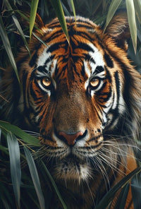 Tiger’s Intense Gaze in Vibrant Photorealistic Animal Poster PosterGoat