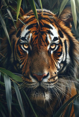 Tiger’s Intense Gaze in Vibrant Photorealistic Animal Poster PosterGoat