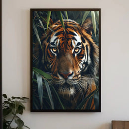 Tiger’s Intense Gaze in Vibrant Photorealistic Animal Poster PosterGoat