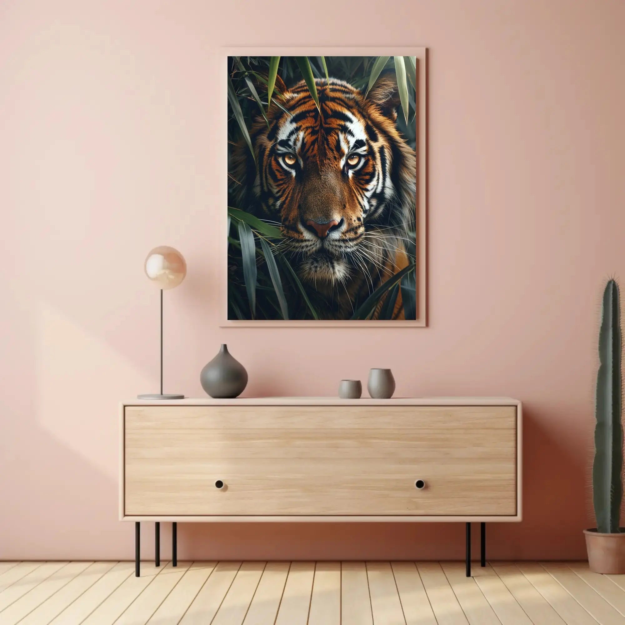 Tiger’s Intense Gaze in Vibrant Photorealistic Animal Poster PosterGoat