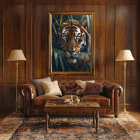 Tiger’s Intense Gaze in Vibrant Photorealistic Animal Poster PosterGoat