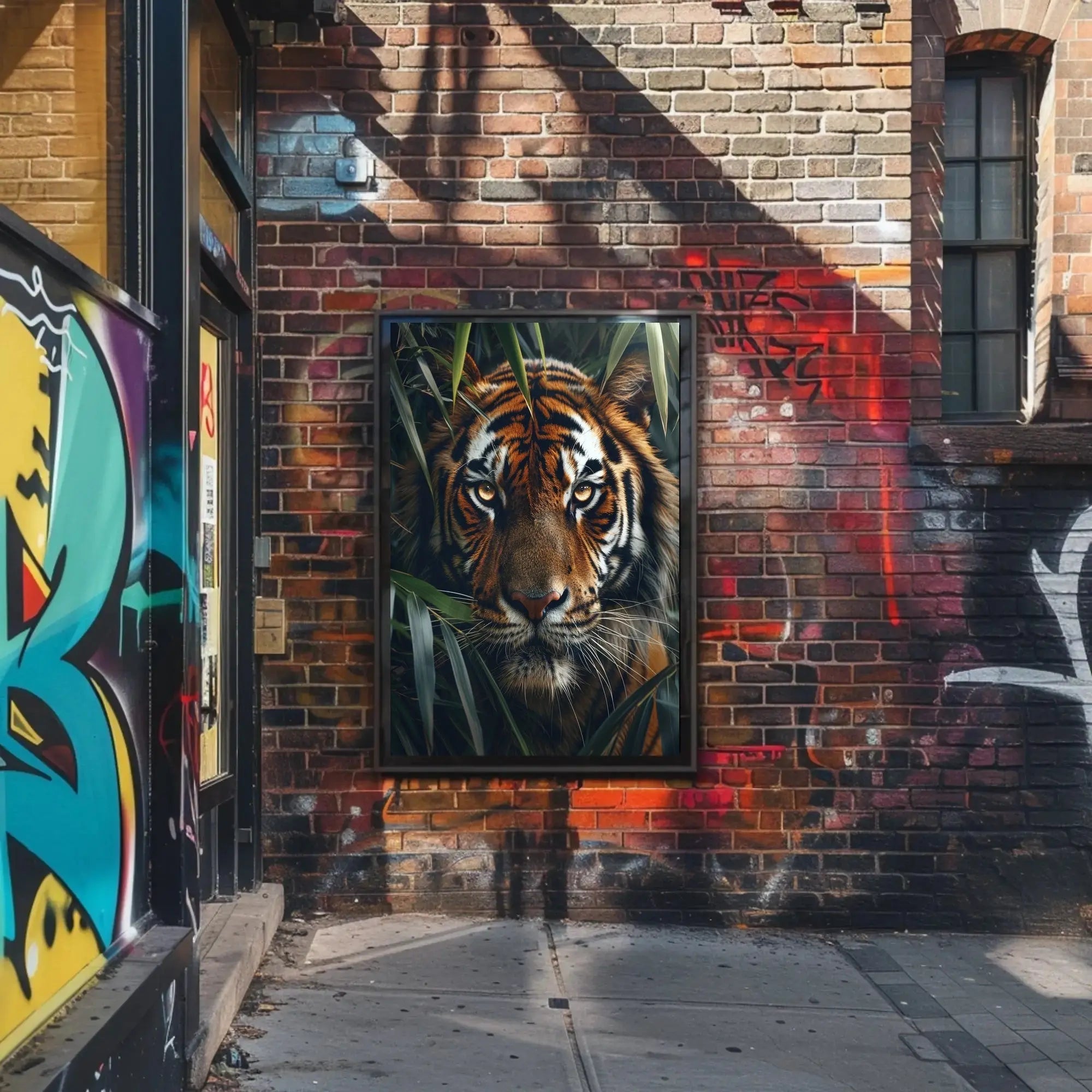 Tiger’s Intense Gaze in Vibrant Photorealistic Animal Poster PosterGoat