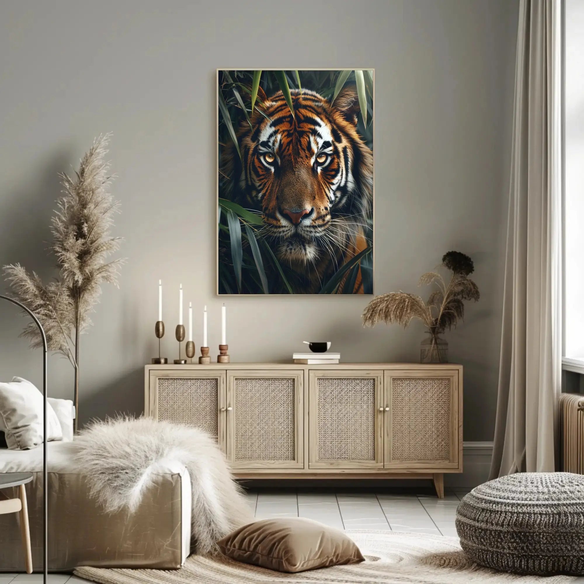 Tiger’s Intense Gaze in Vibrant Photorealistic Animal Poster PosterGoat