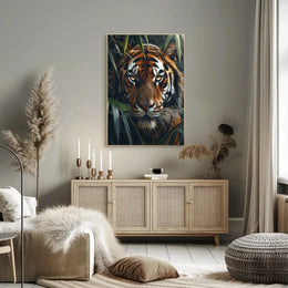 Tiger’s Intense Gaze in Vibrant Photorealistic Animal Poster PosterGoat