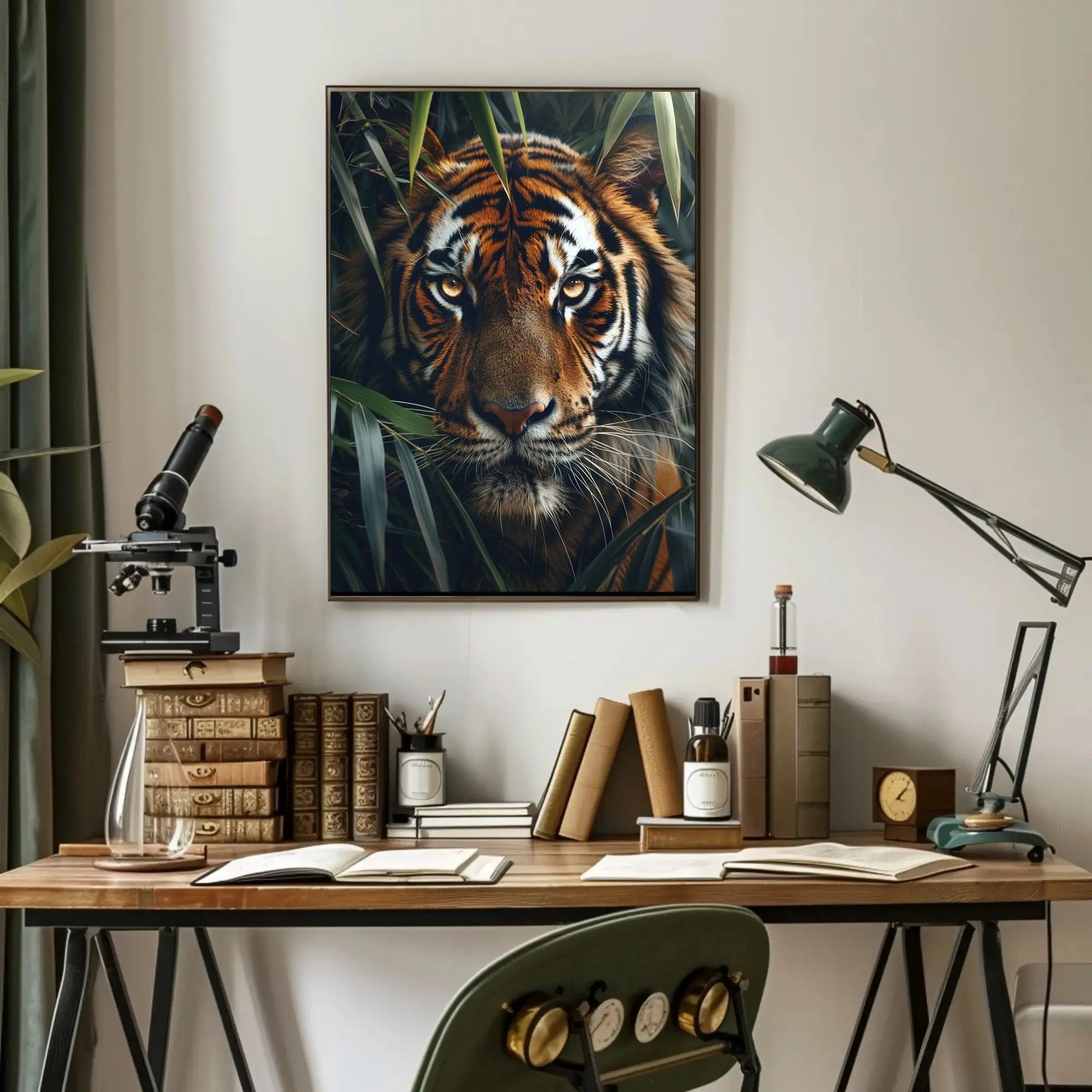 Tiger’s Intense Gaze in Vibrant Photorealistic Animal Poster PosterGoat