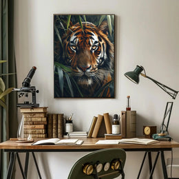 Tiger’s Intense Gaze in Vibrant Photorealistic Animal Poster PosterGoat