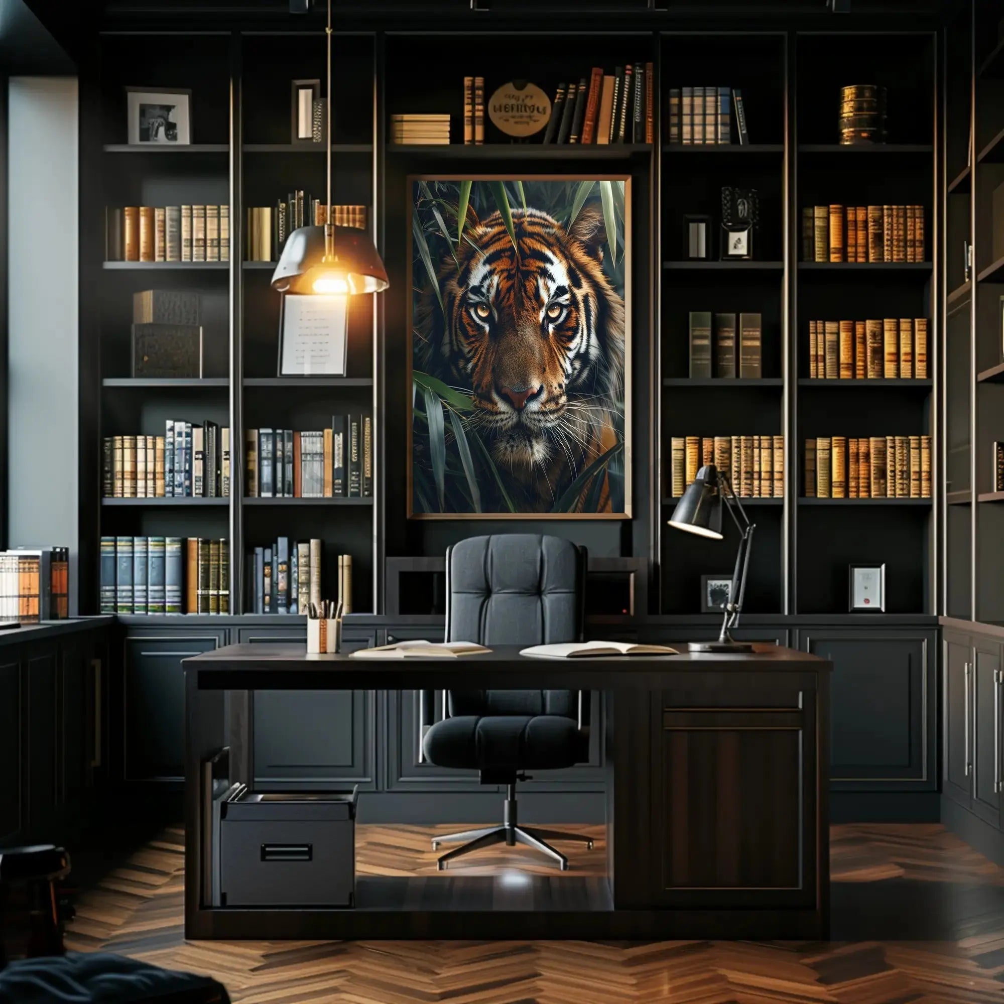 Tiger’s Intense Gaze in Vibrant Photorealistic Animal Poster PosterGoat
