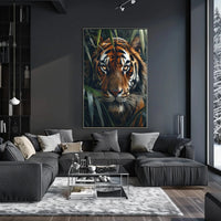 Tiger’s Intense Gaze in Vibrant Photorealistic Animal Poster PosterGoat
