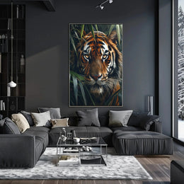 Tiger’s Intense Gaze in Vibrant Photorealistic Animal Poster PosterGoat