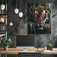 Tiger’s Intense Gaze in Vibrant Photorealistic Animal Poster PosterGoat