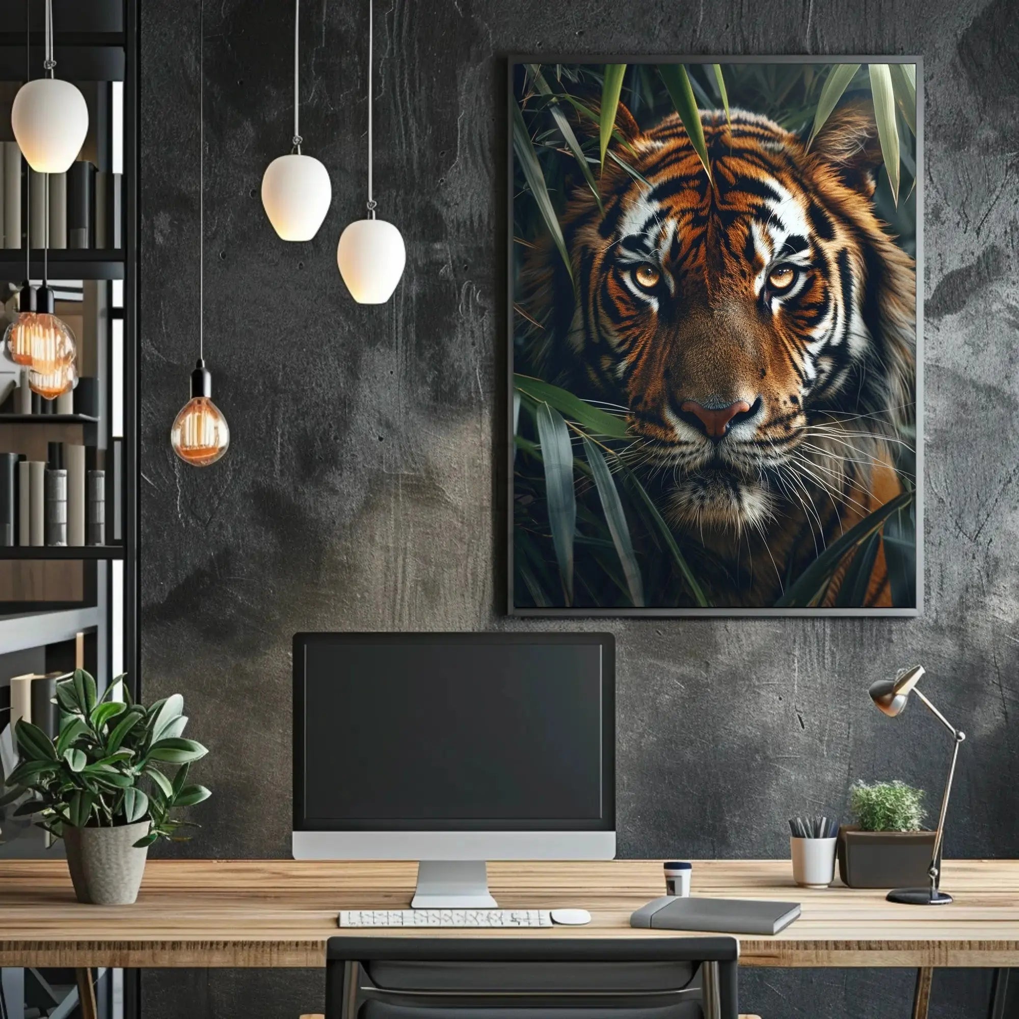 Tiger’s Intense Gaze in Vibrant Photorealistic Animal Poster PosterGoat