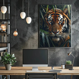 Tiger’s Intense Gaze in Vibrant Photorealistic Animal Poster PosterGoat