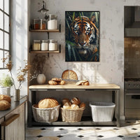 Tiger’s Intense Gaze in Vibrant Photorealistic Animal Poster PosterGoat