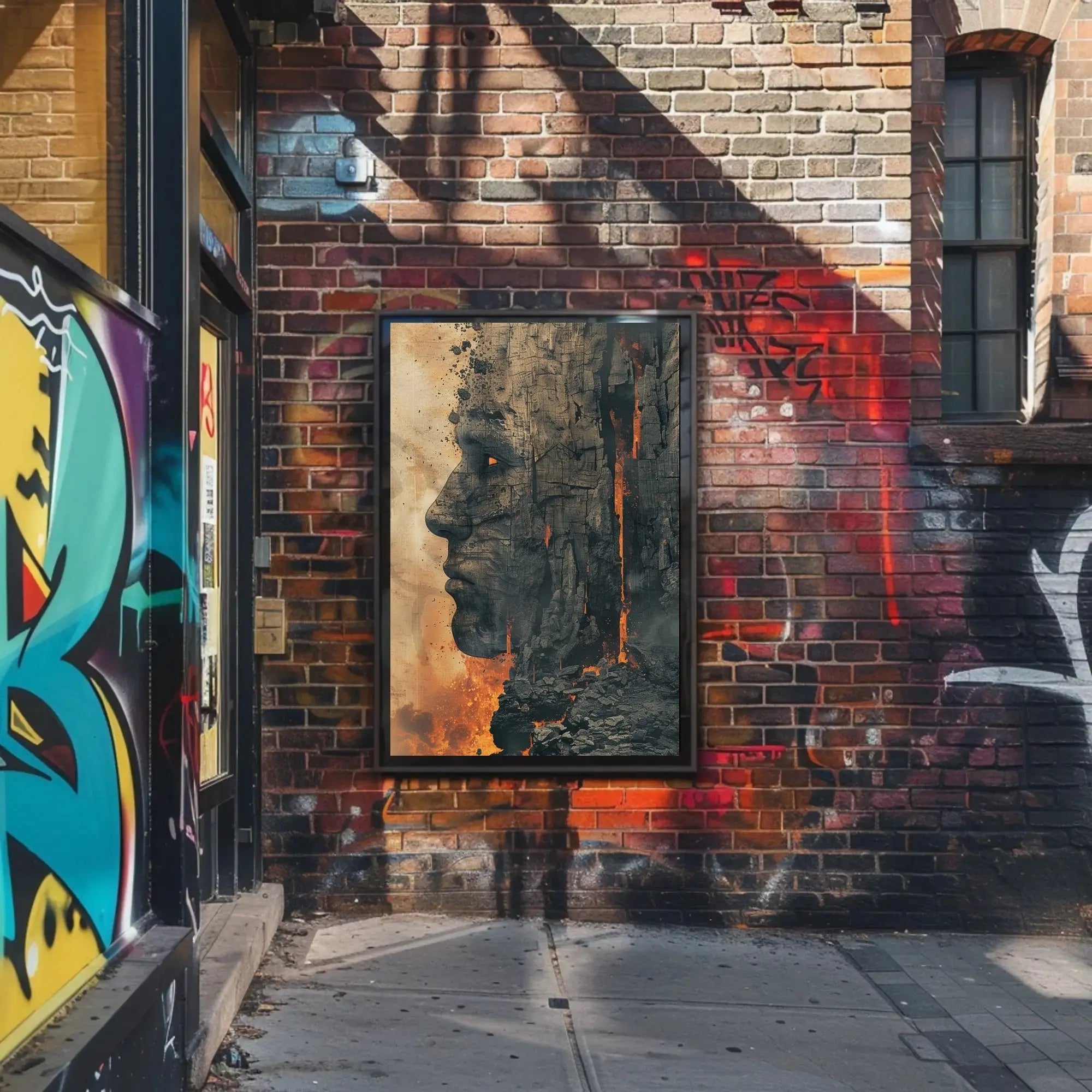 Timeless Mythical Face in Fiery Cliff - Artistic Poster PosterGoat